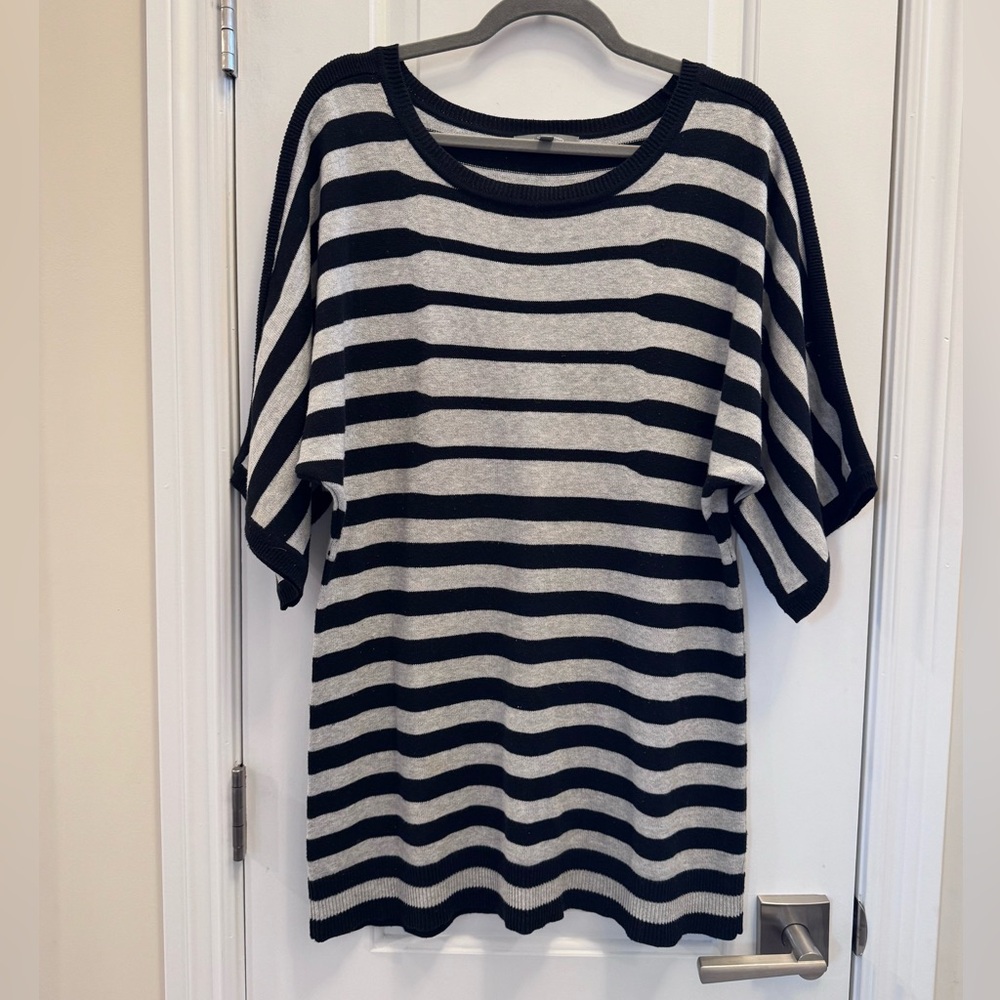 Black Gray Stripe Heavy Knit Top Tunic Lg Dolman Sleeve Comfy Classic Boxy